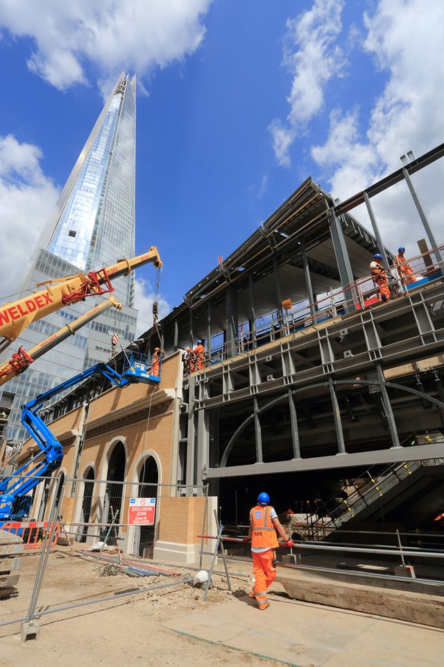 St Thomas St - London Bridge: London Bridge station - St Thomas Street facade under construction with the Shard towering over it. Part of the Thameslink Programme