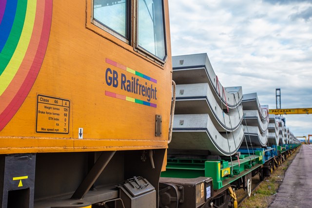 HS2 tunnel segments on a GBRf train at Thamesport