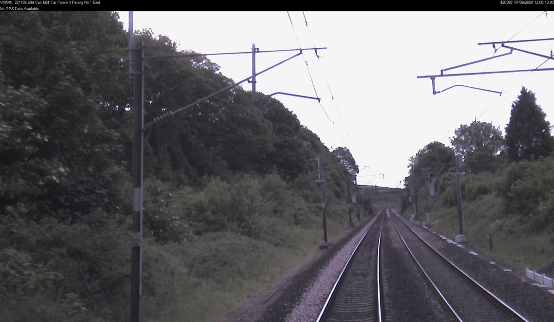 CCTV on board trains: Image of track and lineside taken from the forward (and rear) facing CCTV camera on board a train.<br /><br />(Actual image taken from a Virgin Pendolino, but many modern trains are fitted with such cameras.)