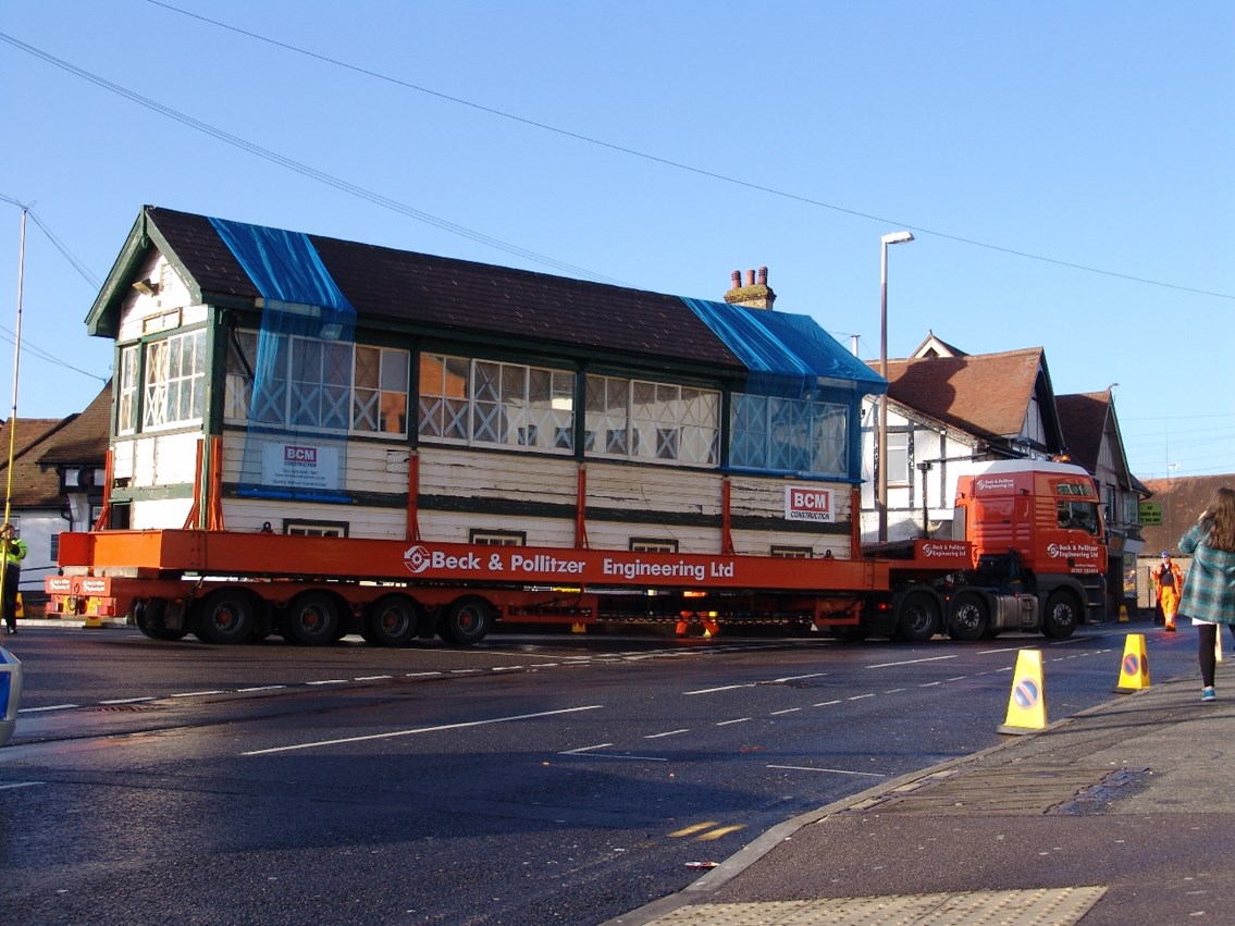 Barnham Signal Box - Journey Begins: The historic Barnham signal box begins its three-hour journey to its new home at Aldingbourne playing fields.