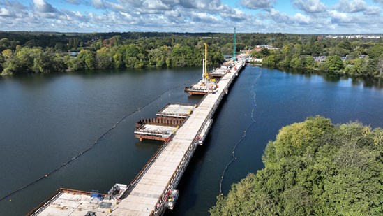 HS2 completes foundation work for UK’s longest railway bridge: Piling work for the Colne Valley Viaduct from the temporary jetty Summer 2022
