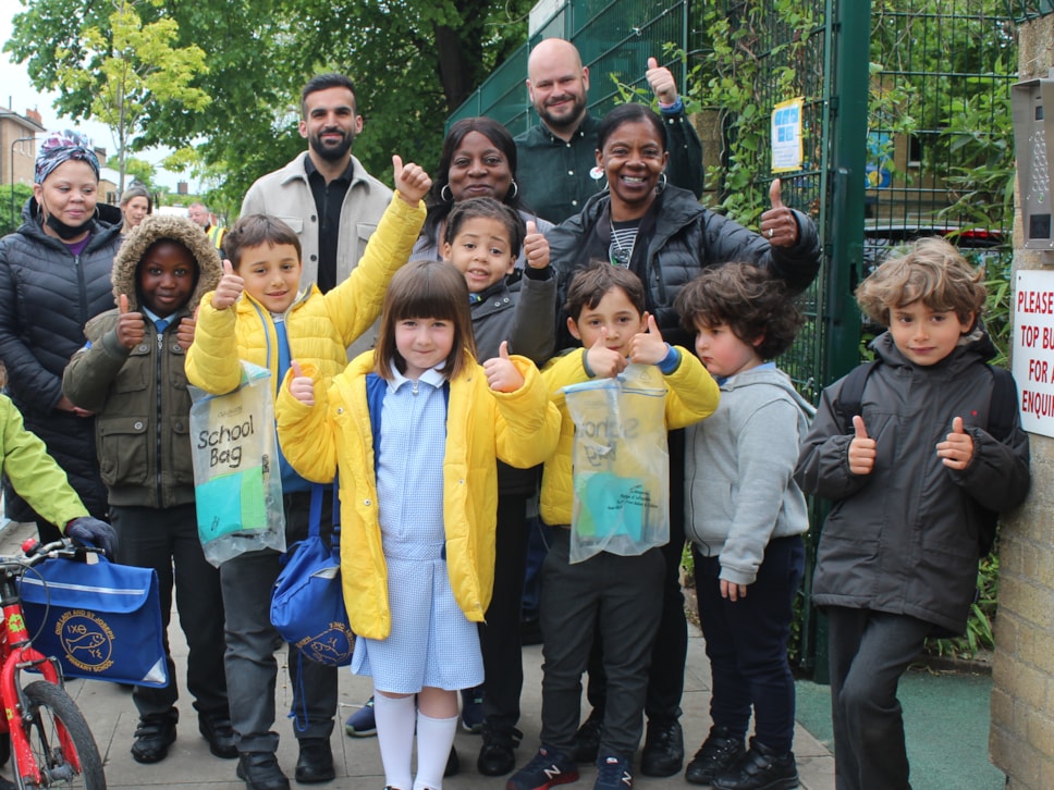 Mayor Philip Glanville and Cllr Mete Coban with staff and students at Our Lady and St Joseph Primary School, which already has a School Street