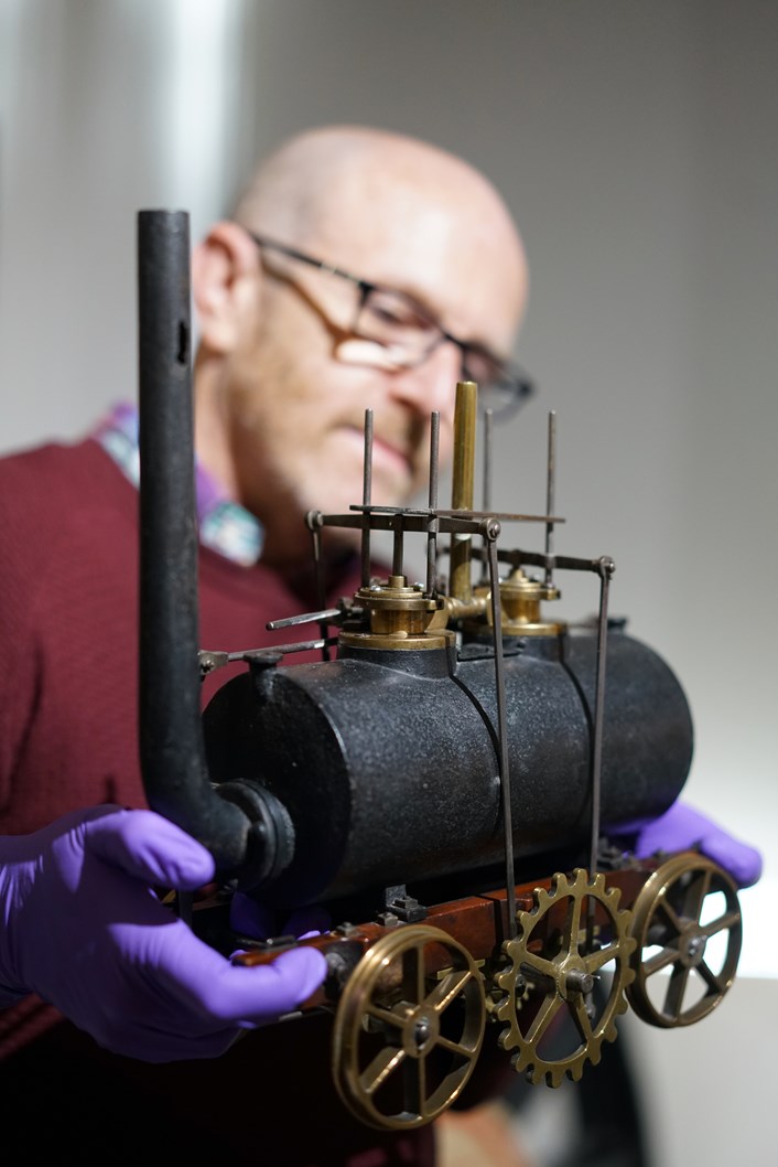 Salamanca returns: John McGoldrick, Leeds Museums and Galleries curator of industrial history, with the model of Salamanca, the world's oldest model of a locomotive.