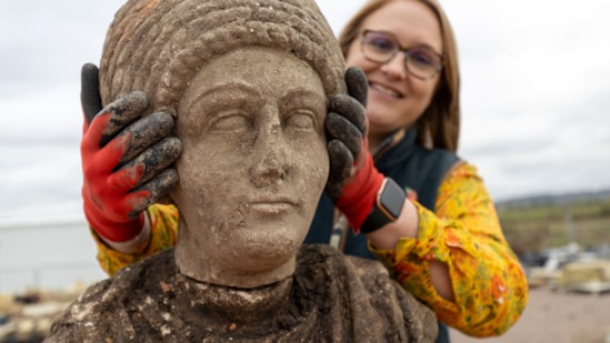 Complete bust of female Roman statue - Artefacts from St Mary's Archaeological dig - Stoke Mandeville, Buckinghamshire-12: Complete bust of female Roman statue discovered during a HS2 archaeological dig at the site of old St Mary’s church in Stoke Mandeville, Buckinghamshire. The artefacts were found underneath the footprint of a Medieval church that was being excavated. 

Tags: Roman, Archaeology, Stoke Mandeville, Buc