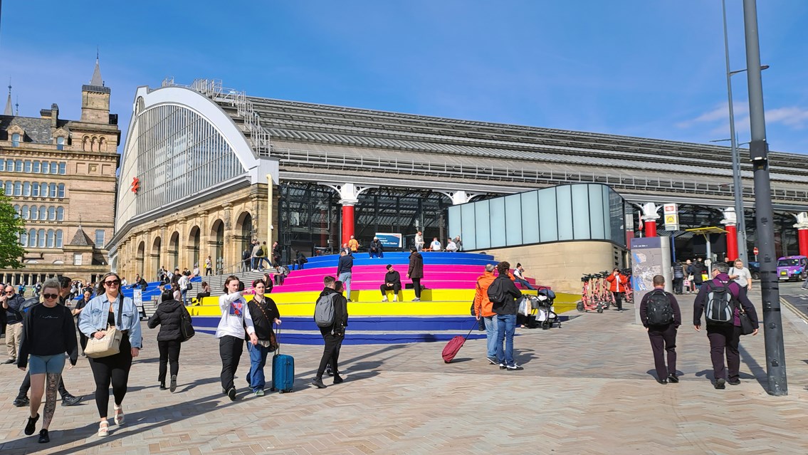 Liverpool Lime Street external with Eurovision branded steps