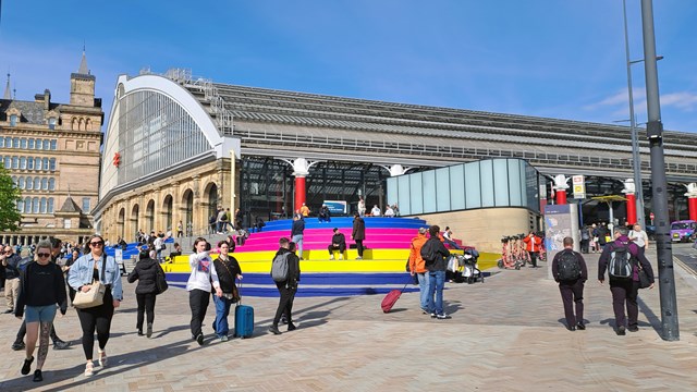 Liverpool Lime Street external with Eurovision branded steps: Liverpool Lime Street external with Eurovision branded steps