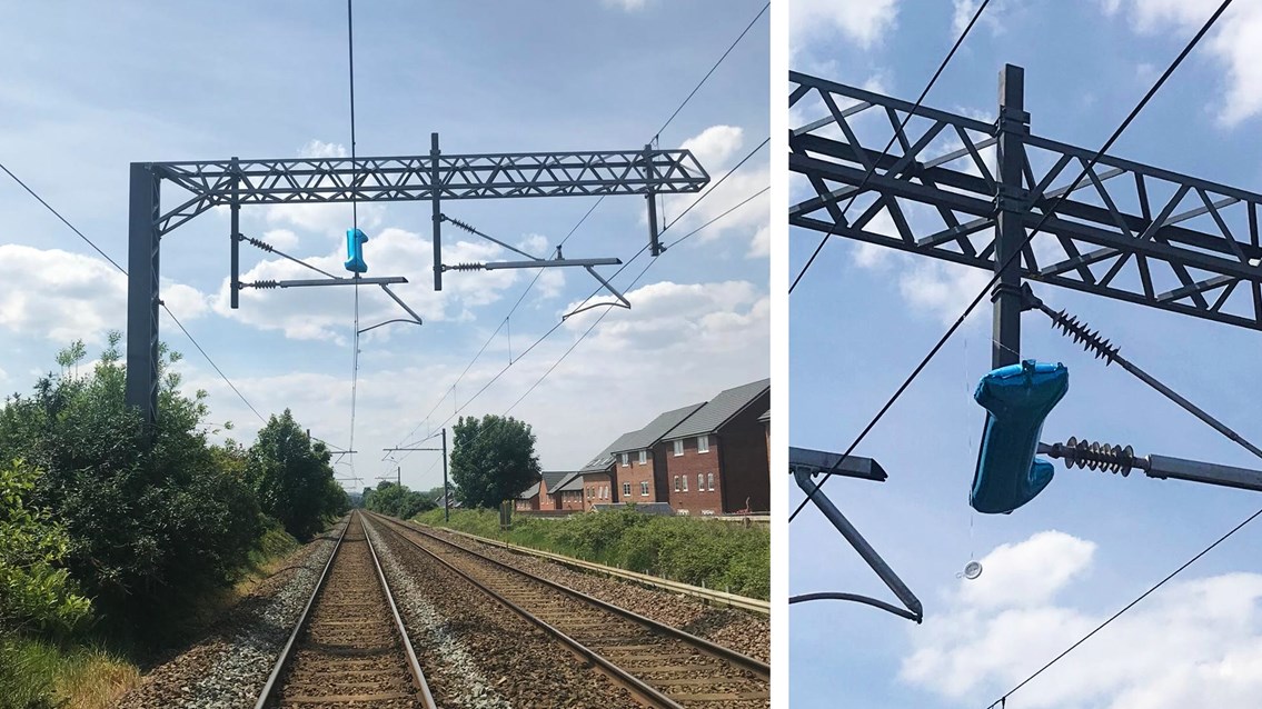 Float-away helium party balloon delays trains to Liverpool: The helium balloon on the overhead lines at Prescot in Liverpool