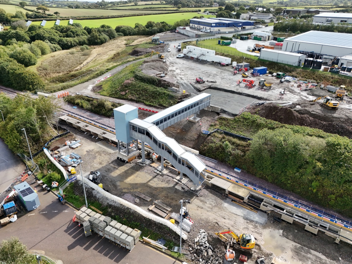 Drone shot of the new lift shaft and footbridge at Okehampton interchange- Credit Devon & Cornwall Rail Partnership