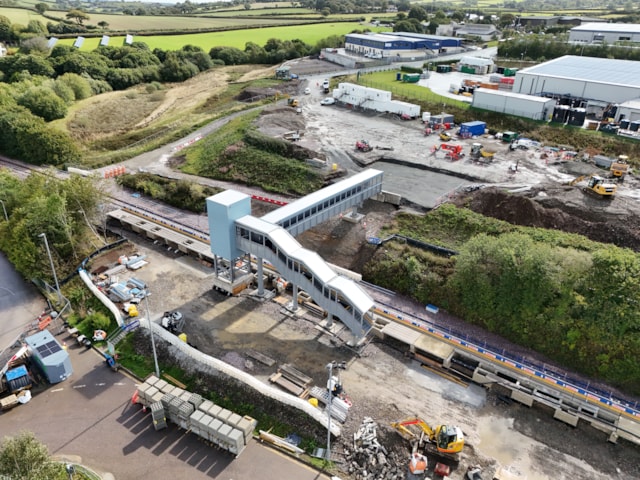 Drone shot of the new lift shaft and footbridge at Okehampton interchange- Credit Devon & Cornwall Rail Partnership