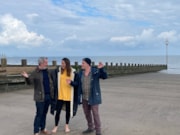 Local swimmer Kirsty Carver (centre) hears about the refurbishment work from Transport and Environment Convener Cllr Stephen Jenkinson (left) and Project Manager Michael Dowens (right): Local swimmer Kirsty Carver (centre) with Transport and Environment Convener Cllr Stephen Jenkinson (left) and Project Manager Michael Dowens (right).