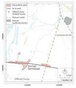 Map showing the excavation area and location of Offord Cluny 203645's burial ©MOLA Headland Infrastructure