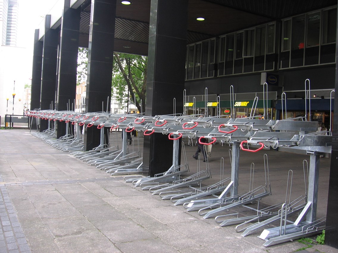 Double-decker cycle racks, Euston: New double-decker cycle racks at Euston