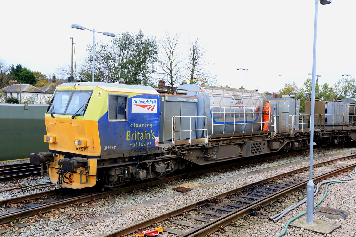 'Leaf buster' Multi Purpose Vehicle (MPV) 1: One of our fleet of treatment trains that clean the rails using water jets and then apply a sand-based gel to help trains gain traction http://www.networkrail.co.uk/timetables-and-travel/delays-explained/leaves/