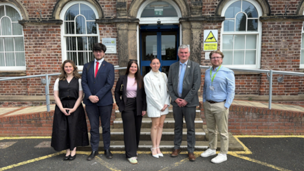 The Law Society's Beth Quinn, UoC Student Law Society's Charlie Hooper, Lara Pollington and Ellie McKenna, Law Society President Mark Evans, and lecturer Kieron Metcalf-2