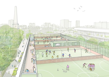 A CGI sketch shows four five-a-side rooftop football pitches, with teams playing in colourful kits, spectators cheering them on and the greenery of St Luke's Gardens to the left.