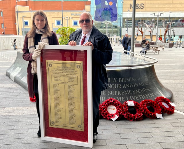 Plaque remembering World War I railway workers relocated to Birmingham New Street: Elizabeth Graham, station manager at Birmingham New Street and Andrew Hall, railway chaplain with Saltley memorial plaque