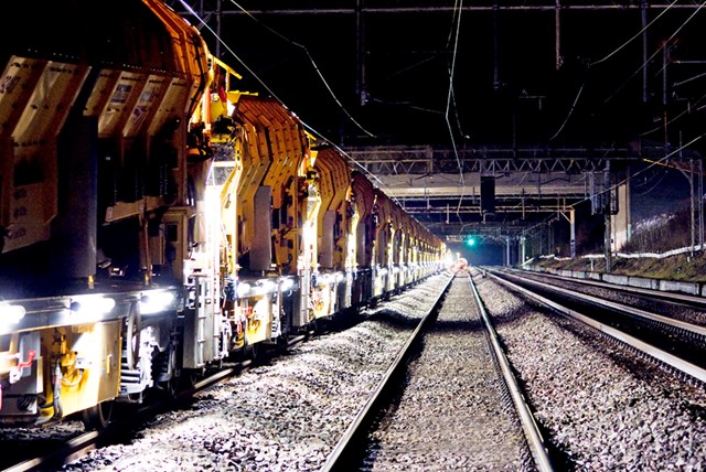 Network Rail's high output track renewal system 4 in action: Network Rail's high output Track Renewal System 4 in action on the West Coast. It was designed specifically for this line and its tight gauge clearance.