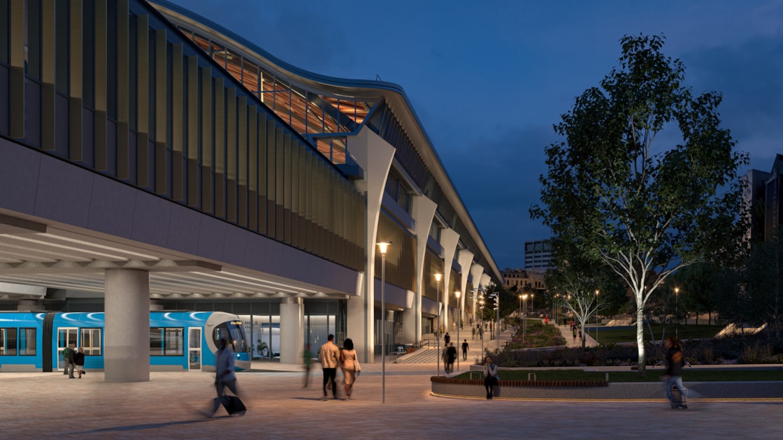 Visualisation showing a tram passing under the new Curzon Street station