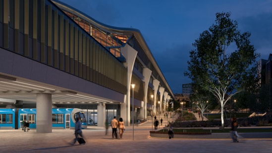 Progress on HS2’s Curzon Street station as new images are released: Visualisation showing a tram passing under the new Curzon Street station