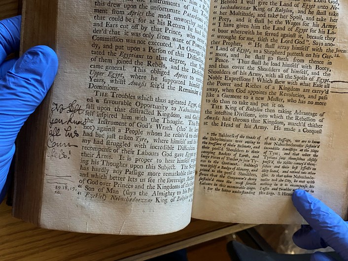 Georgian libary: Annotation in a book belonging to former owner of Temple Newsam Hugo Meynell, found inside his detailed History of the Egyptians and Carthaginians which was purchased in 1736.