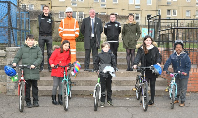 Network Rail Edinburgh Cheer charity partners donate bikes to Abbeyhill Primary: Vykintas Slivka, Hibernian FC 1st team player
Craig McLaughlin, Story Contracting
William Jack, Station Interface Manager, Network Rail
Dean Gibson, Hibernian Community Foundation
Sally Ketchin, Head Teacher, Abbeyhill Primary School