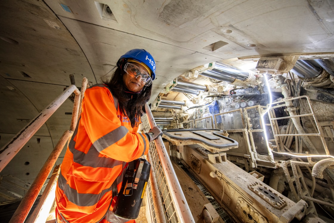 HS2 TBM Sushila Hirani visit 1-3: Sushila Hirani, a local schoolteacher who was chosen by a local school to have a HS2 TBM named after her, visits TBM Sushila to see progress as the tunnelling neared completion.