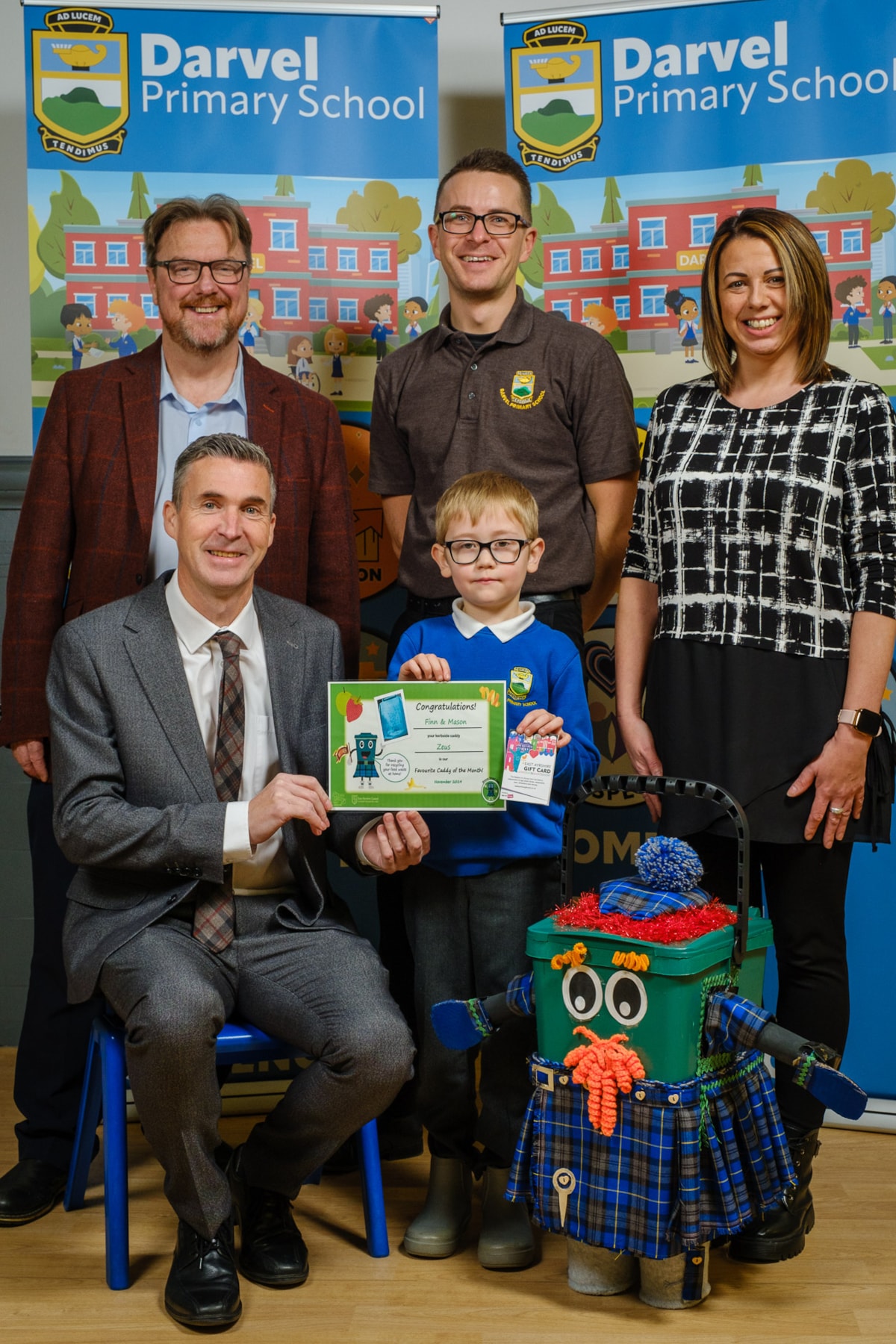 Cllr Barton and Mason with Vicky McWilliam, James Lally and Head Teacher David McIlwraith