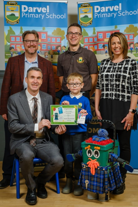 Cllr Barton and Mason with Vicky McWilliam, James Lally and Head Teacher David McIlwraith