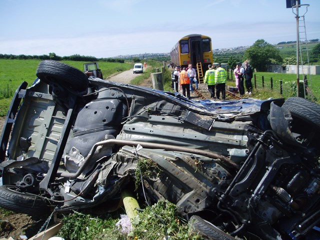 Car after collision with train at Chapel level crossing near Newquay: Car after collision with train at Chapel level crossing near Newquay