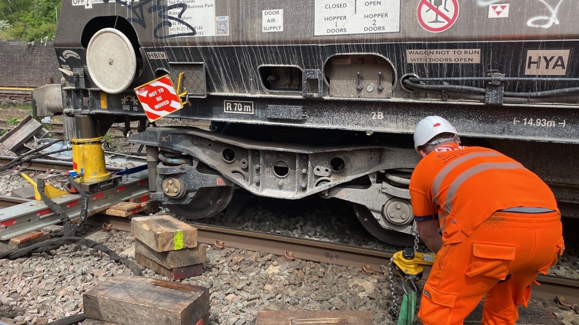 Network Rail engineers working to rerail a derailed freight wagon in Oxley, Wolverhampton