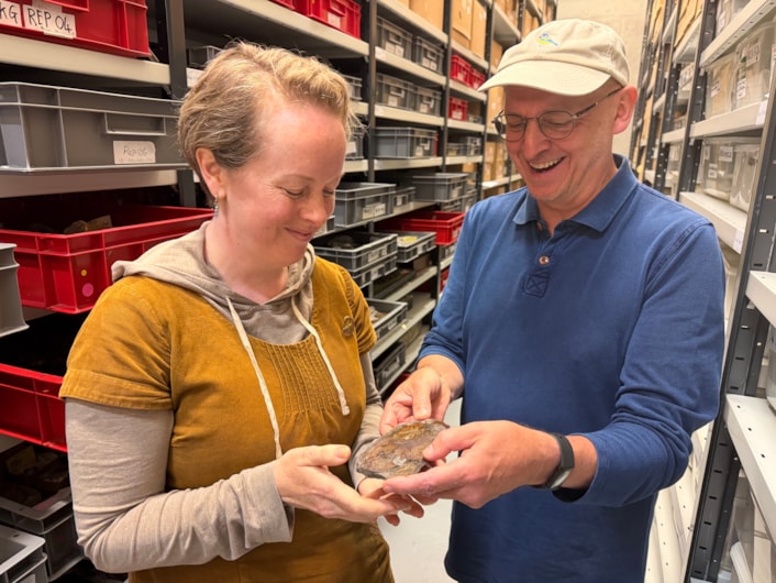 Coelacanth discovery: Curator Clare Brown, left, with geologist Ru Smith, who discovered the skull bone of a coelacanth at Roundhay park earlier this year.
The well-preserved, prehistoric skull bone was frozen in time aeons ago during an era when the park was submerged under a vast tropical lagoon.