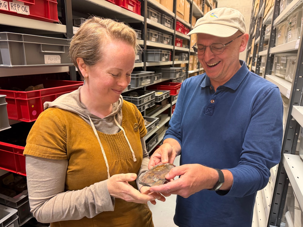 Coelacanth discovery: Curator Clare Brown, left, with geologist Ru Smith, who discovered the skull bone of a coelacanth at Roundhay park earlier this year.
The well-preserved, prehistoric skull bone was frozen in time aeons ago during an era when the park was submerged under a vast tropical lagoon.