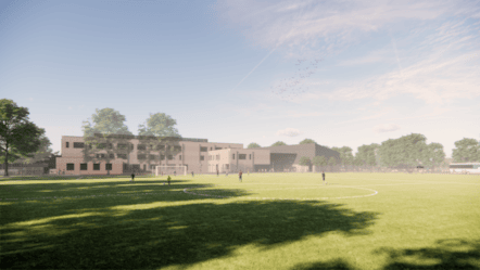 Artist's impression of the new Forres Academy building viewed across the playing fields from Roysvale Park.