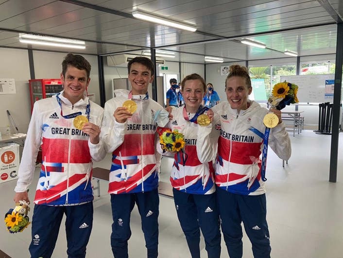 Team GB gold medal winning triathlon mixed team relay at Tokyo 2020 Olympic Games: (L-R) Jonny Brownlee, Alex Yee, Georgia Taylor-Brown and Jess Learmonth with gold medals from the triathlon mixed team relay at Tokyo 2020 Olympic Games
