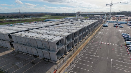 Viaduct segments stockpiled at Kingsbury Feb 2026: Viaduct segments stockpiled at Kingsbury Feb 2026