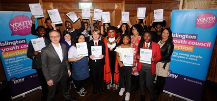 Members of the youth council 2020 with council leader Richard Watts (left, foreground), Cllr Rakhia Ismail (centre), Cllr Kaya Comer-Schwartz (fourth from the right), and council chief executive Linzi Roberts-Egan (right)