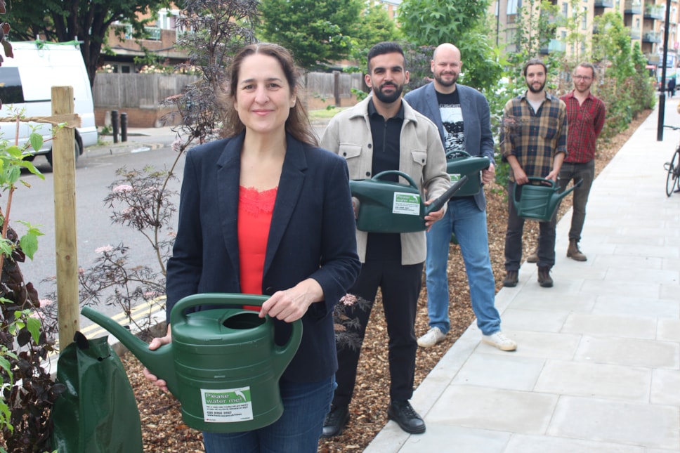 Cllrs Caroline Woodley and Mete Coban, with Mayor Philip Glanville and officers from the Council's trees team