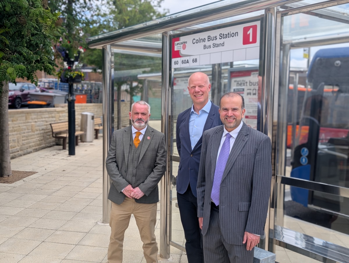 L-R, Cllr John Clemson, lead member for Highways and Transport, Lancashire County Council; Ben Ridehalgh, Deputy Head, Bus Funding, Department for Transport; Asjad Mahmood, Leader of Pendle Borough Council.