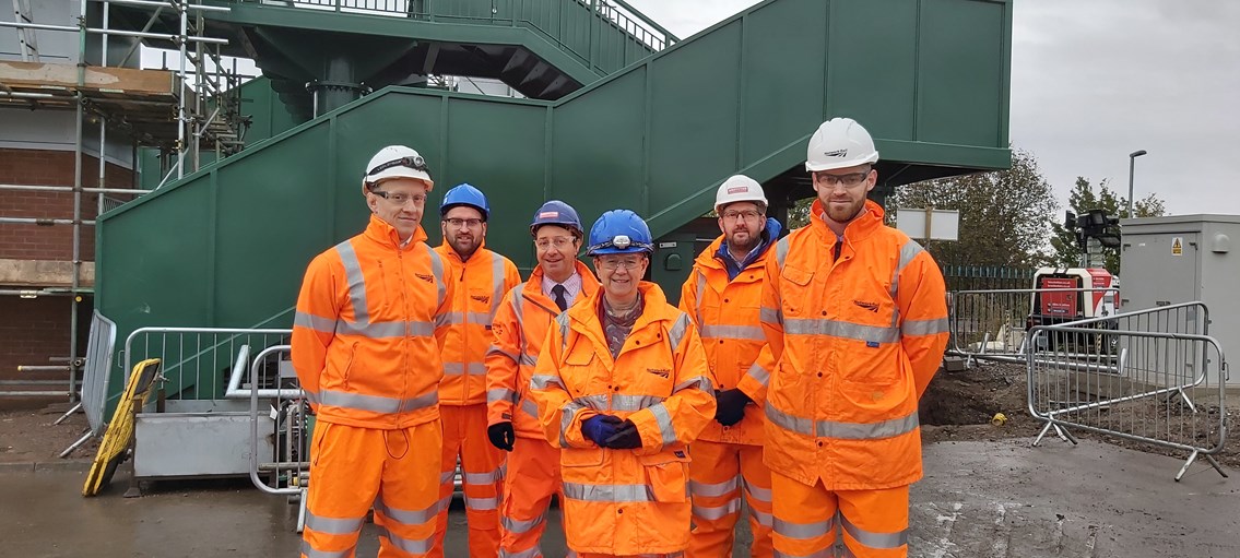 Cadoxton AFA AM Visit: From L to R: Adrian Scourfield (Project Engineer, Network Rail), Sam Hadley (Senior Public Affairs Manager, Network Rail), Tim James (Client Relationship Director, Alun Griffiths), Jane Hutt AM (Vale of Glamorgan), Gareth Prittard (Project Manager, Alun Griffiths) and Rhys Howells (Scheme Project Manager, Network Rail).