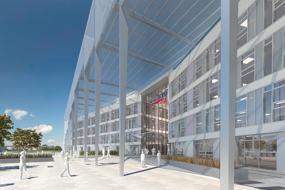 Network Rail national centre - main entrance: An artist's impression of the main entrance at the front of Network Rail's planned national centre on the site of the former National Hockety Stadium in Milton Keynes.