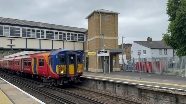 FOUR WEEKS TO GO: Service changes planned in south west London during February for engineering works in the Kingston area: SWR train arrives at Teddington station