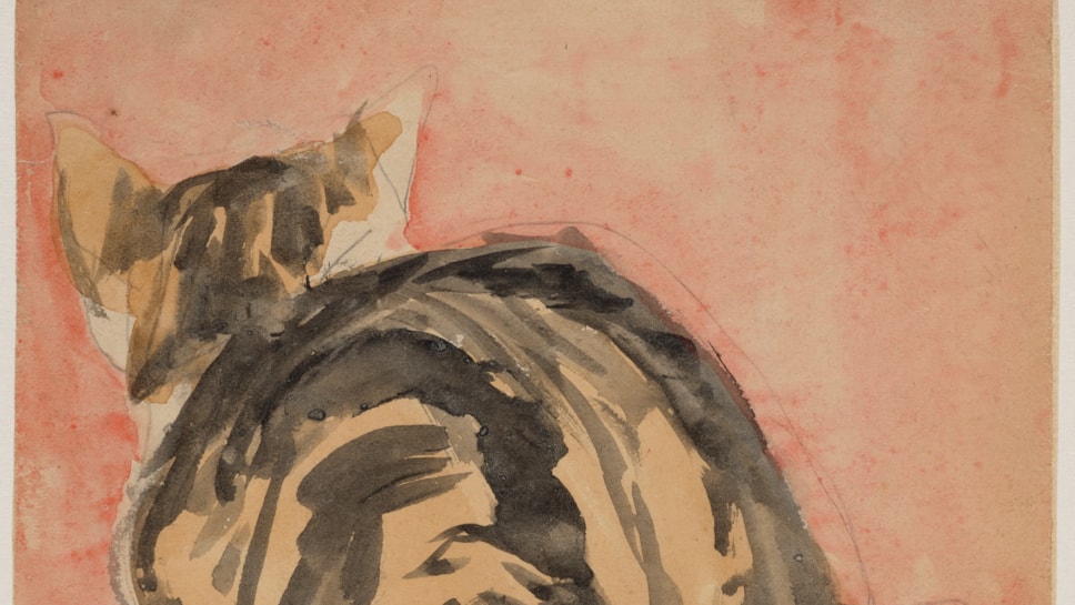 Gwen John's watercolour on paper of a tortoiseshell cat, sketched from behind, against a pale orange background