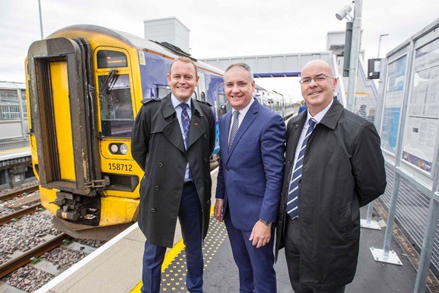 Opening image: Alex Hynes (L) is joined by Richard Lochhead MSP and Roy Brannen of Transport Scotland at the opening of Forres station