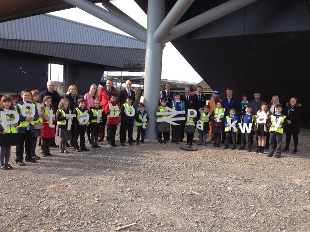 Port Talbot Parkway time capsule 2: Pupils and staff from Central Primary School, representatives from Network Rail, Arriva Trains Wales and Kier (contractors), Stephen Kinnock MP for Aberavon and John Cronin, Community Liaison Officer from David Rees AM for Aberavon's office.