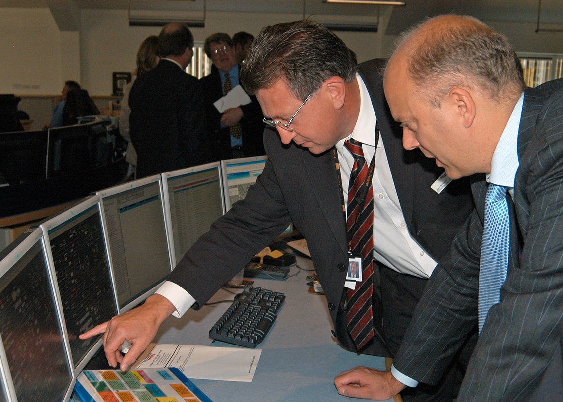 Chris Grayling visits the ICC in York: Chris Grayling MP is shown the ropes by Network Rail's Current Operations Manager, John Bowdery.