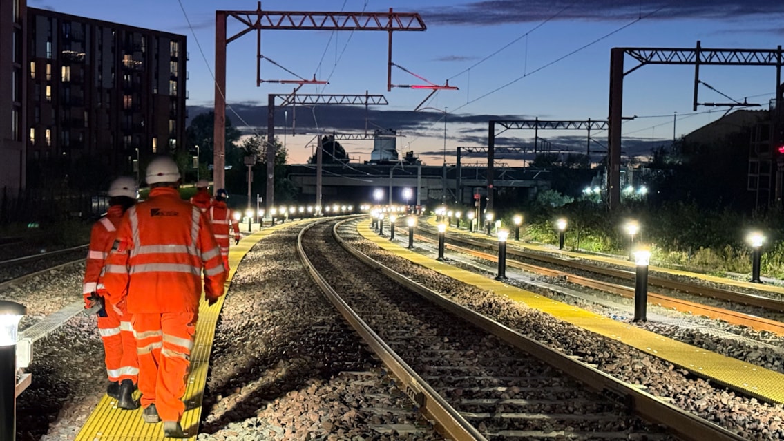 Rail upgrades in Manchester enter into service ready for improved journeys: Workers inspecting new Oldfield Road turnback siding in Salford at dusk on Sunday 18 October 2026