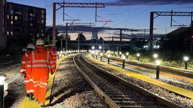 Rail upgrades in Manchester enter into service ready for improved journeys: Workers inspecting new Oldfield Road turnback siding in Salford at dusk on Sunday 18 October 2026