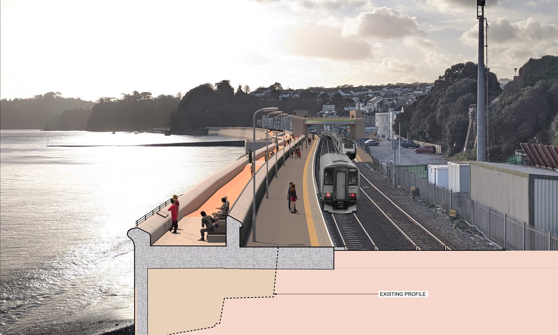 View of new promenade towards Dawlish station with train