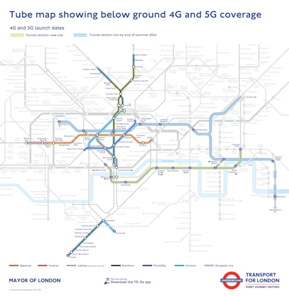 TfL Image - Tube Map showing below ground 4G and 5G coverage (May 2024)