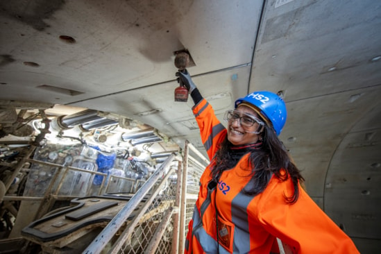 HS2 TBM Sushila Hirani visit 2: Sushila Hirani, a local schoolteacher who was chosen by a local school to have a HS2 TBM named after her, visits TBM Sushila to see progress as the tunnelling neared completion.